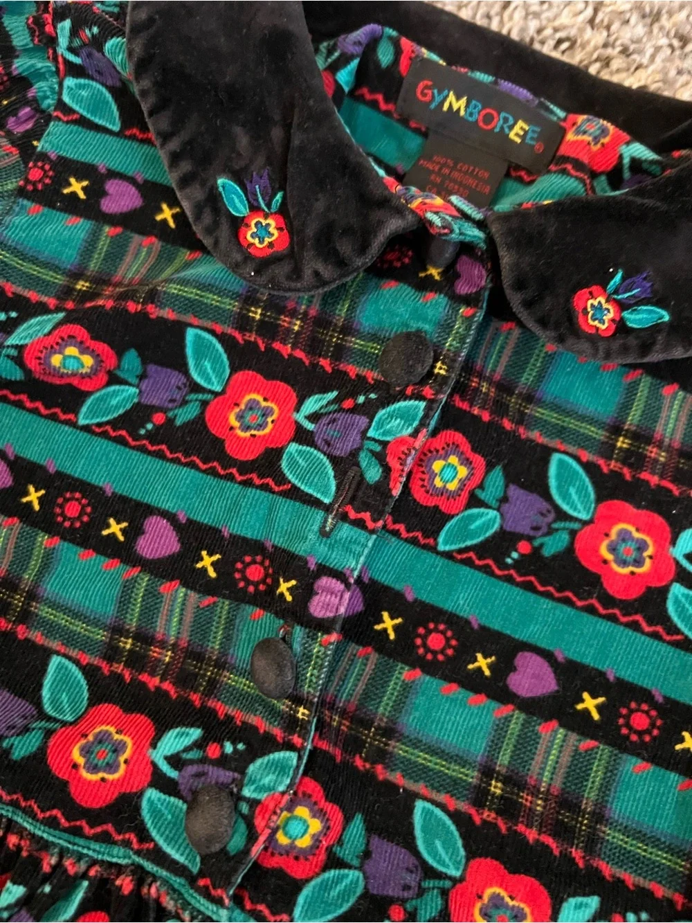 Vintage Girl’s 1990’s Gymboree corduroy green velvet collar floral dress festive